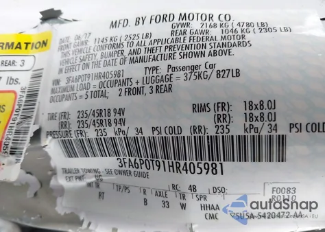 2017 Ford Fusion Se z USA, uszkodzony, nr VIN 3FA6P0T91HR405981